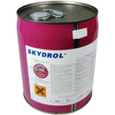 A red pail labeled Skydrol PE-5 Purple hydraulic fluid.